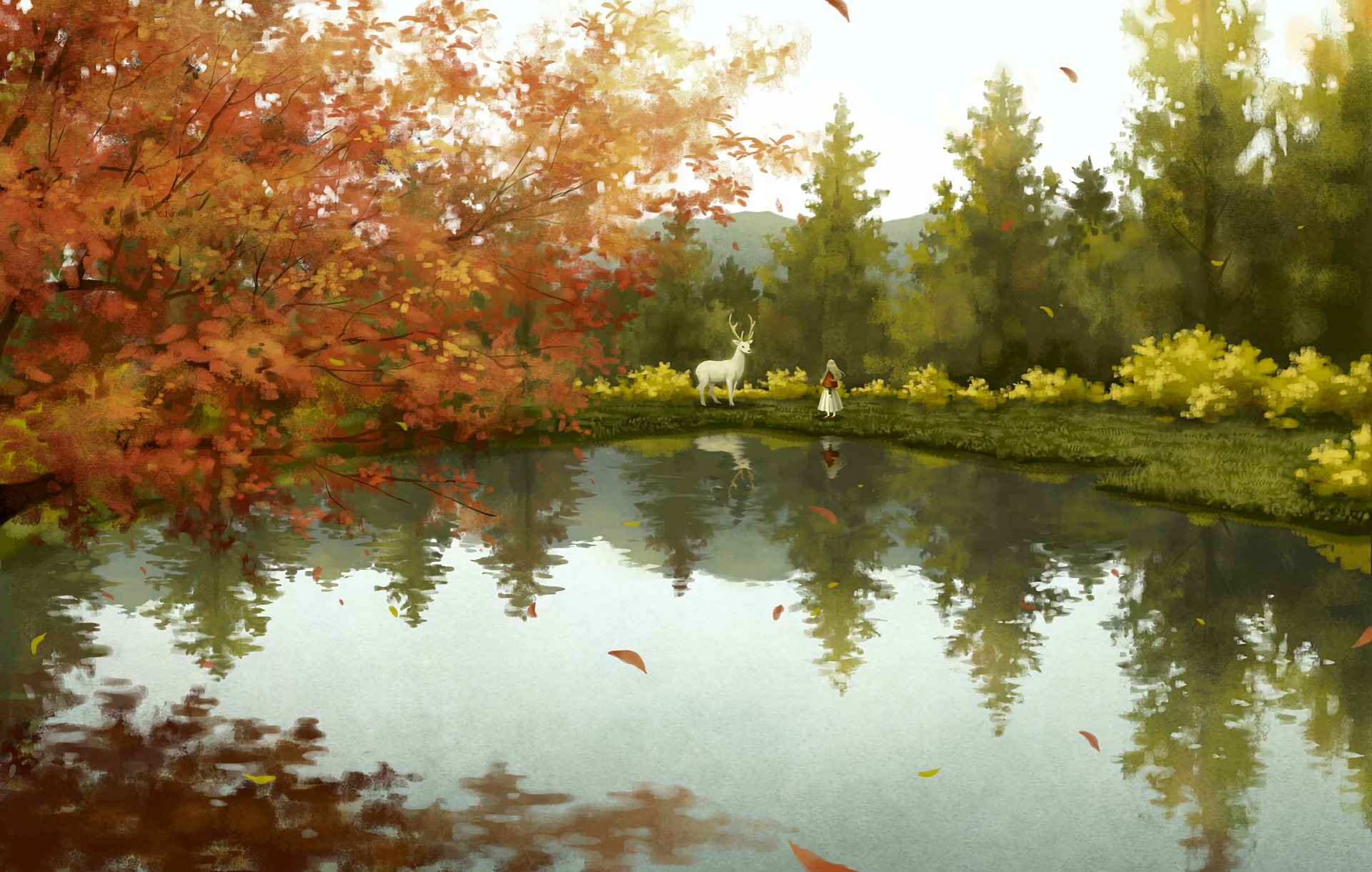 HD desktop wallpaper of an anime scene featuring a serene lake surrounded by a lush forest with autumn leaves. A white deer and a figure are seen near the water's edge, creating a tranquil atmosphere.