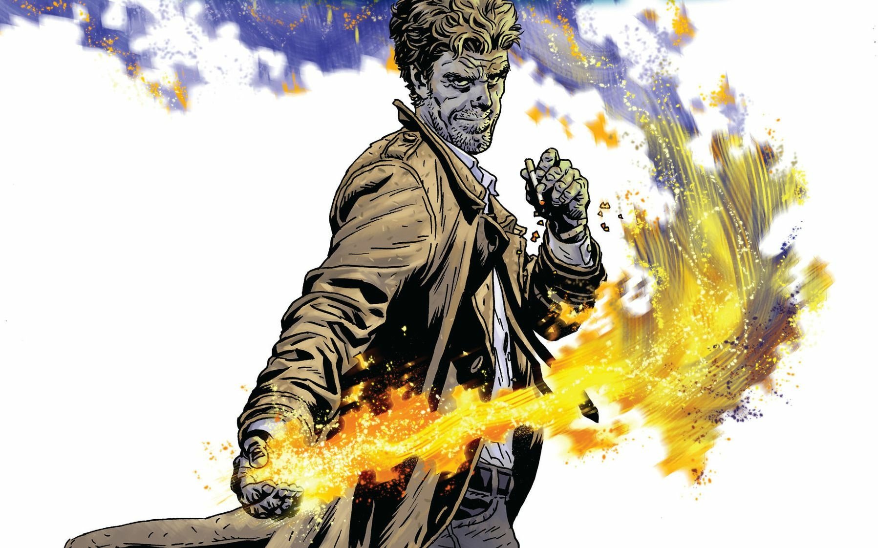 John Constantine from Hellblazer, comic-style HD PC desktop wallpaper/background depicting him in a trench coat conjuring a swirling, fiery spell.