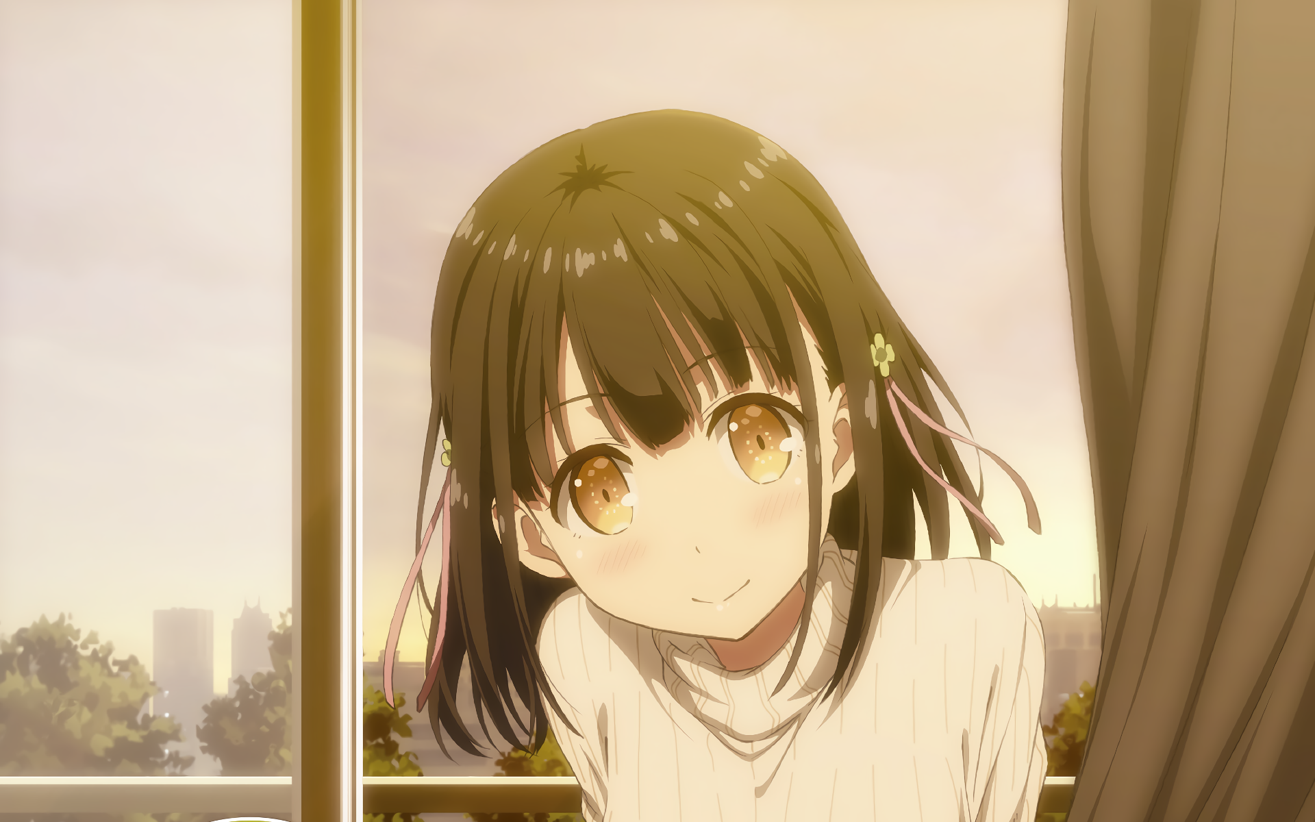 Yui Hanasaka (One Room) anime close-up by a sunlit window, warm golden tones — HD PC desktop wallpaper and background.