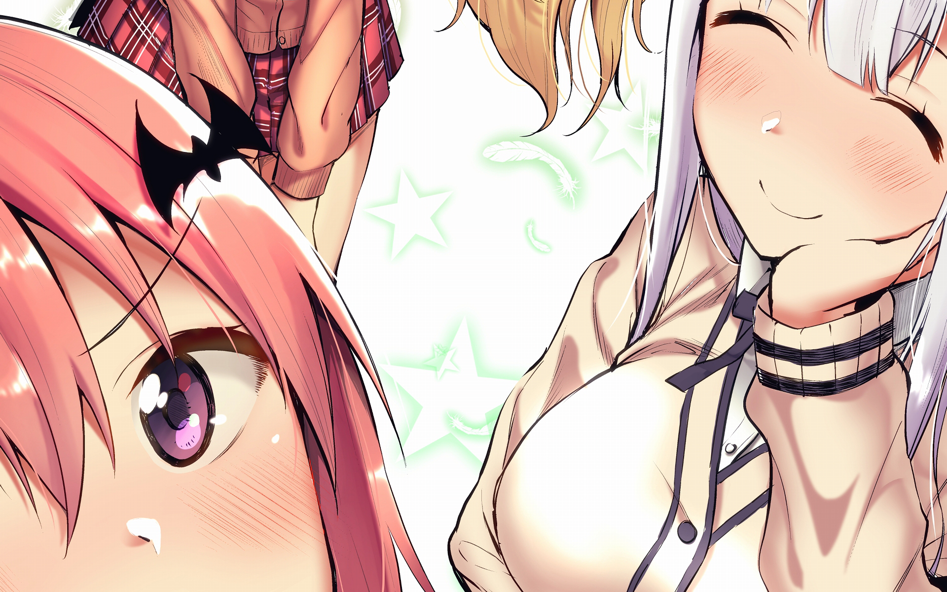 HD anime desktop wallpaper featuring Satanichia Kurumizawa McDowell and Raphiel Shiraha Ainsworth from Gabriel DropOut with vibrant colors and expressive close-ups.