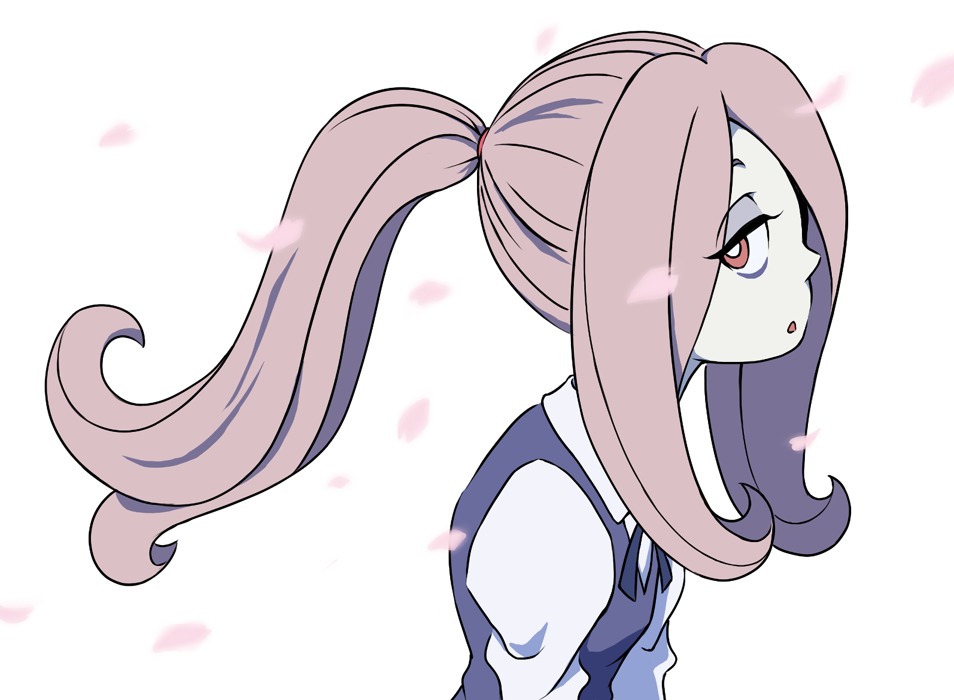 HD desktop wallpaper featuring Sucy Manbavaran from the anime Little Witch Academia. The character has long pink hair and is surrounded by pink petals.