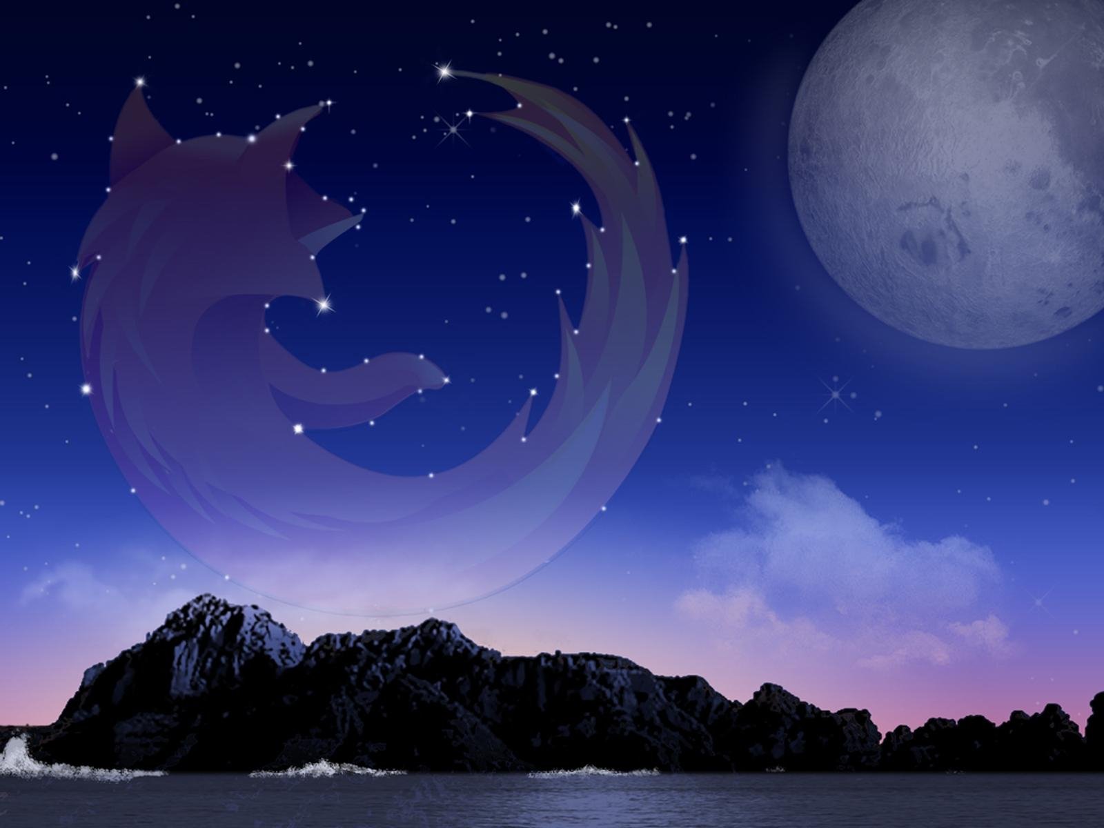 HD desktop wallpaper featuring a night sky with stars, a full moon, and a faint Mozilla Firefox logo blending into the sky above mountain silhouettes, highlighting internet technology.