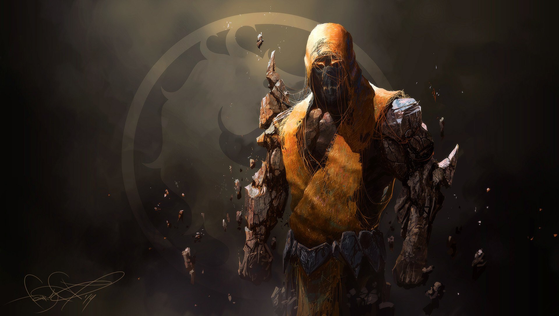 HD wallpaper featuring Tremor from Mortal Kombat X, showcasing a ninja warrior with orange glowing eyes, a hood, and a belt, set against a dark background with the Mortal Kombat logo.