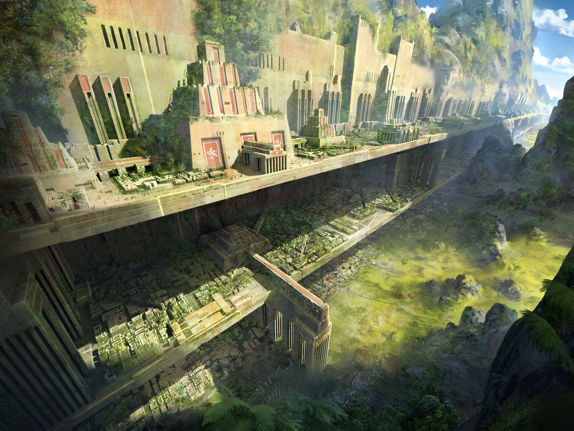 HD desktop wallpaper featuring a sprawling fantasy cityscape built into a mountainside, with intricate building designs and lush greenery in the surrounding area.