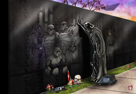 HD wallpaper featuring Darth Vader touching a memorial wall with ghostly images of stormtroopers and Anakin Skywalker. Flowers and a helmet lie at the foot of the wall. Sci-Fi, Star Wars-themed imagery.