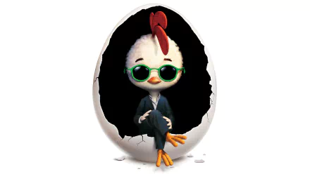 Chicken Little in sunglasses and a suit stepping from a cracked eggshell on a black backdrop — HD PC desktop wallpaper/background from the movie.