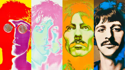 Vibrant pop-art HD desktop wallpaper showing four vertical panels of stylized portraits of a 1960s rock band, bold colors and a retro music-themed vibe.