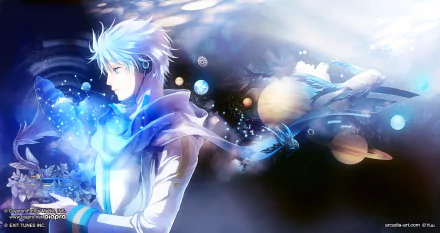 HD PC desktop wallpaper featuring Kaito from Vocaloid surrounded by glowing orbs and ethereal blue light in an anime-style composition.