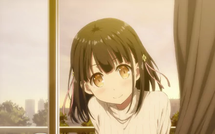 Yui Hanasaka (One Room) anime close-up by a sunlit window, warm golden tones — HD PC desktop wallpaper and background.