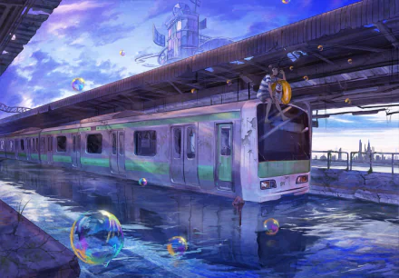 HD anime desktop wallpaper featuring a detailed anime-style train at a station with reflective water below and colorful bubbles floating around.