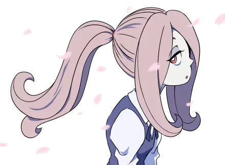 HD desktop wallpaper featuring Sucy Manbavaran from the anime Little Witch Academia. The character has long pink hair and is surrounded by pink petals.