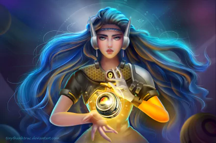 HD wallpaper featuring Symmetra from the video game Overwatch, showcasing her poised stance and intricate detailing, set against a vibrant, cosmic background.