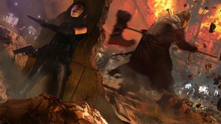 HD PC desktop wallpaper background from the video game Resident Evil 5: two characters clash amid fire, debris and chaos in an intense action-horror scene.