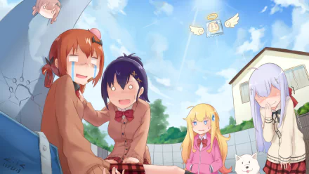 HD desktop wallpaper featuring characters Raphiel Shiraha Ainsworth, Vignette Tsukinose April, Satanichia Kurumizawa McDowell, and Gabriel Tenma White from the anime Gabriel DropOut in a playful outdoor scene.