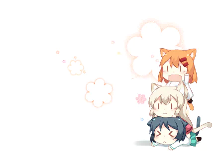 HD anime desktop wallpaper from Nyanko Days featuring three chibi characters stacked with cat ears against a light background with pastel flower shapes.