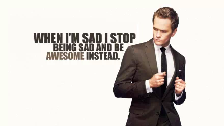 A stylish Barney Stinson, portrayed by Neil Patrick Harris, stands confidently in a suit with a motivational quote, featured as a vibrant HD wallpaper from the TV show How I Met Your Mother.