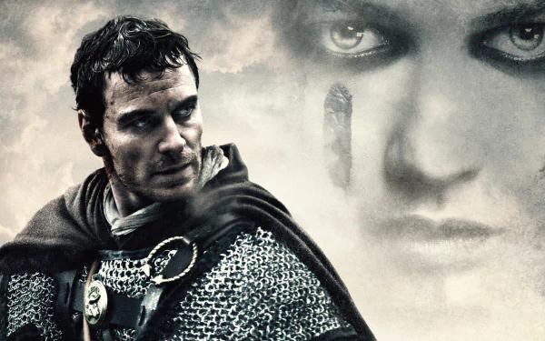 HD PC desktop wallpaper for the movie Centurion: battle-worn Roman centurion in chainmail and cloak with a ghostly female face looming in the stormy background.