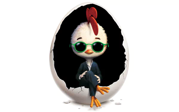 Chicken Little in sunglasses and a suit stepping from a cracked eggshell on a black backdrop — HD PC desktop wallpaper/background from the movie.