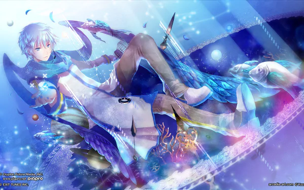 HD desktop wallpaper featuring Kaito from Vocaloid. The image showcases anime-style art with vibrant, colorful details, depicting Kaito floating in a surreal, aquatic-themed setting.