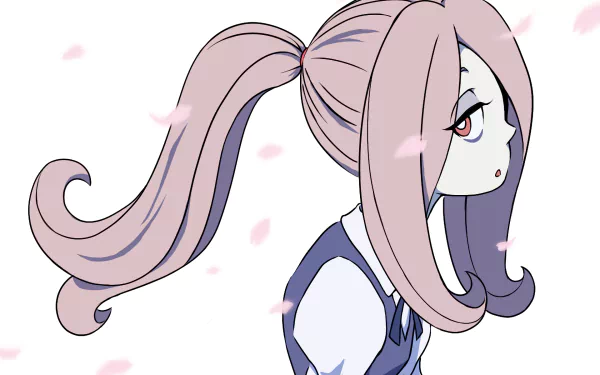 HD desktop wallpaper featuring Sucy Manbavaran from the anime Little Witch Academia. The character has long pink hair and is surrounded by pink petals.
