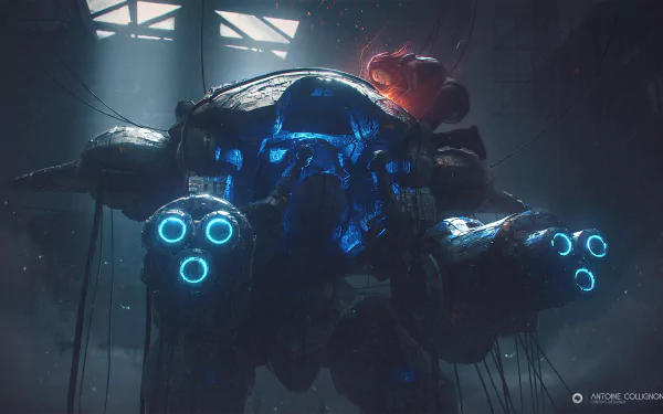 HD desktop wallpaper featuring D.Va's mech from the video game Overwatch, showcasing a futuristic, glowing blue machine in a dimly lit, industrial setting.