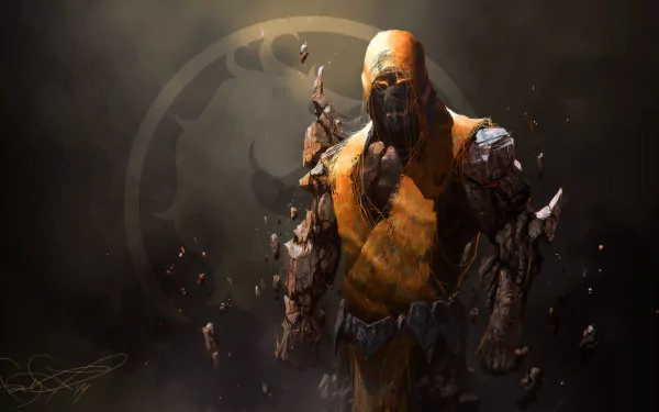 HD wallpaper featuring Tremor from Mortal Kombat X, showcasing a ninja warrior with orange glowing eyes, a hood, and a belt, set against a dark background with the Mortal Kombat logo.