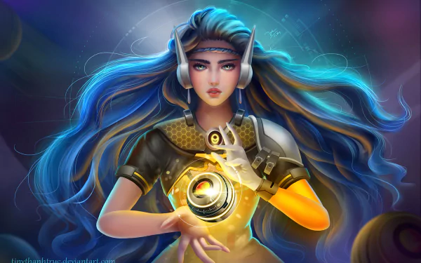 HD wallpaper featuring Symmetra from the video game Overwatch, showcasing her poised stance and intricate detailing, set against a vibrant, cosmic background.