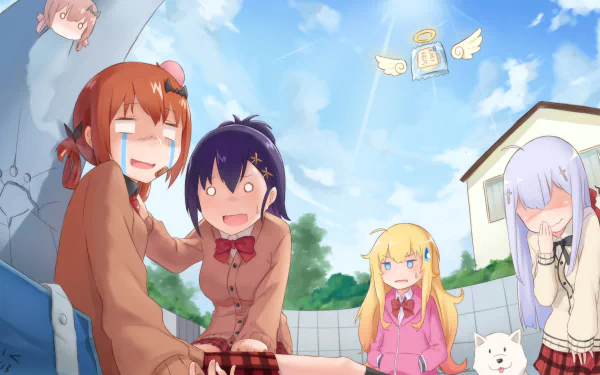 HD desktop wallpaper featuring characters Raphiel Shiraha Ainsworth, Vignette Tsukinose April, Satanichia Kurumizawa McDowell, and Gabriel Tenma White from the anime Gabriel DropOut in a playful outdoor scene.