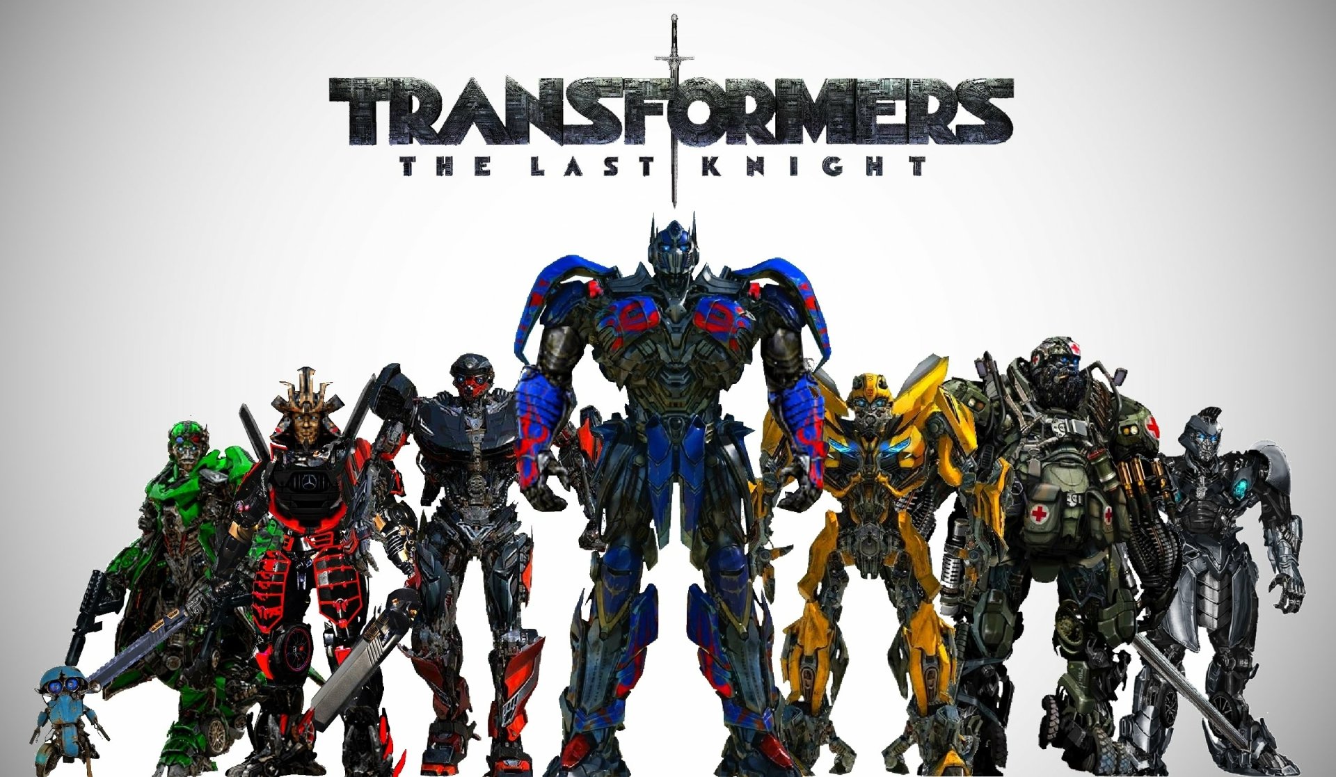 HD desktop wallpaper from the movie Transformers: The Last Knight, featuring a lineup of Transformers characters against a white background with the movie title above.
