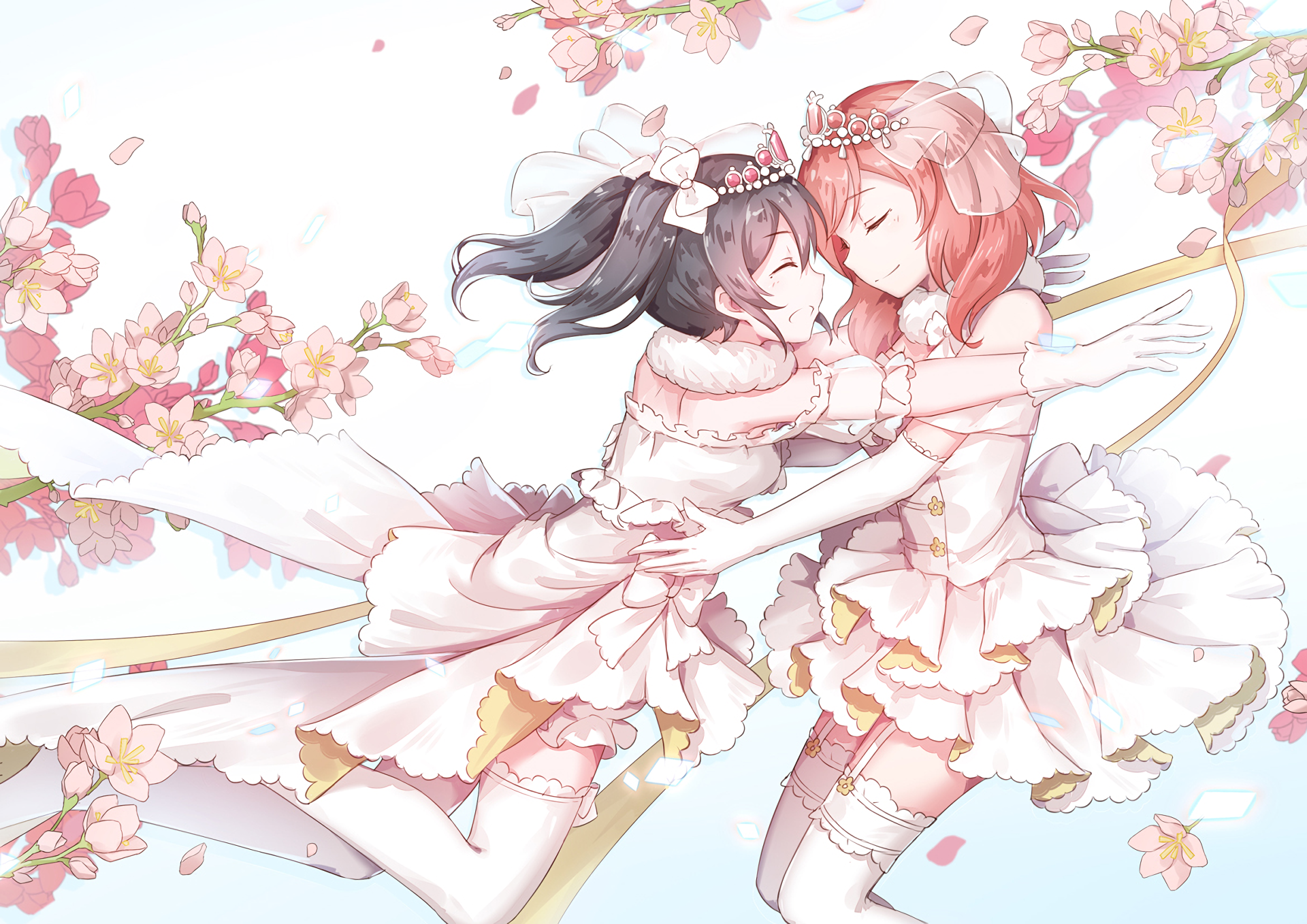 HD anime desktop wallpaper featuring Maki Nishikino and Nico Yazawa from Love Live!, dressed in elegant white outfits surrounded by cherry blossoms.