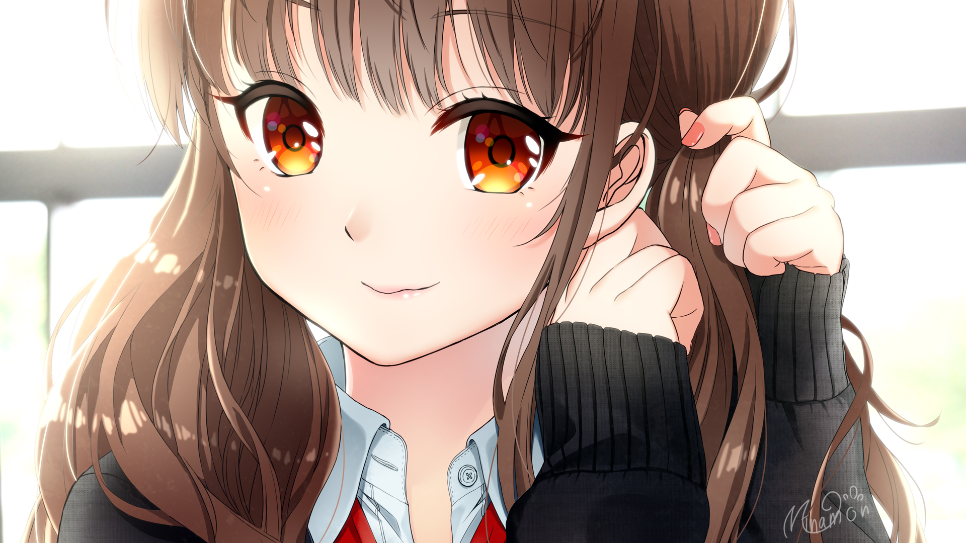 HD desktop wallpaper of an original anime character with warm brown hair and captivating amber eyes, exuding a gentle smile.