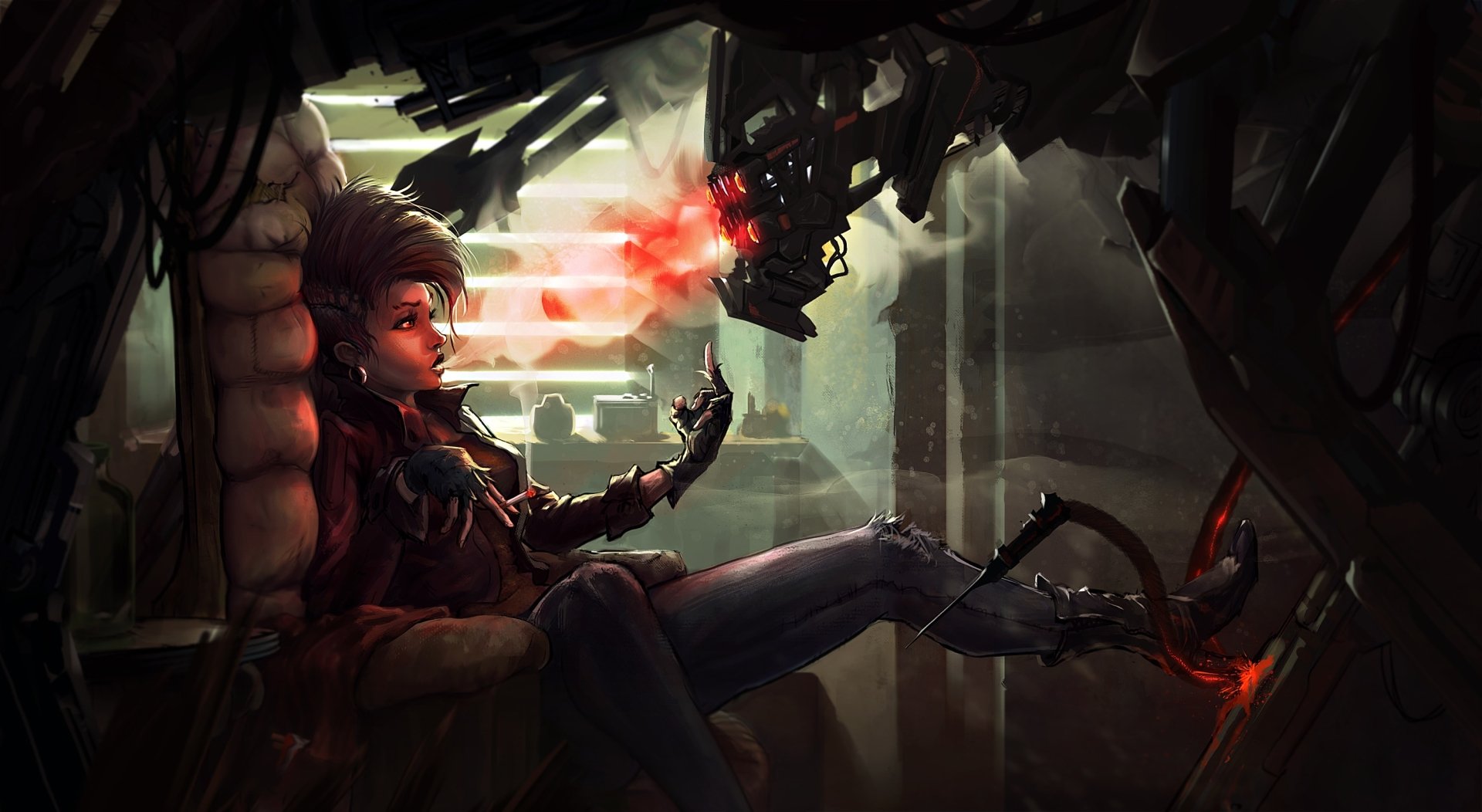 A high-definition sci-fi desktop wallpaper depicting a woman with cybernetic enhancements reclining in a futuristic setting, engaging with mechanical equipment emitting red light.