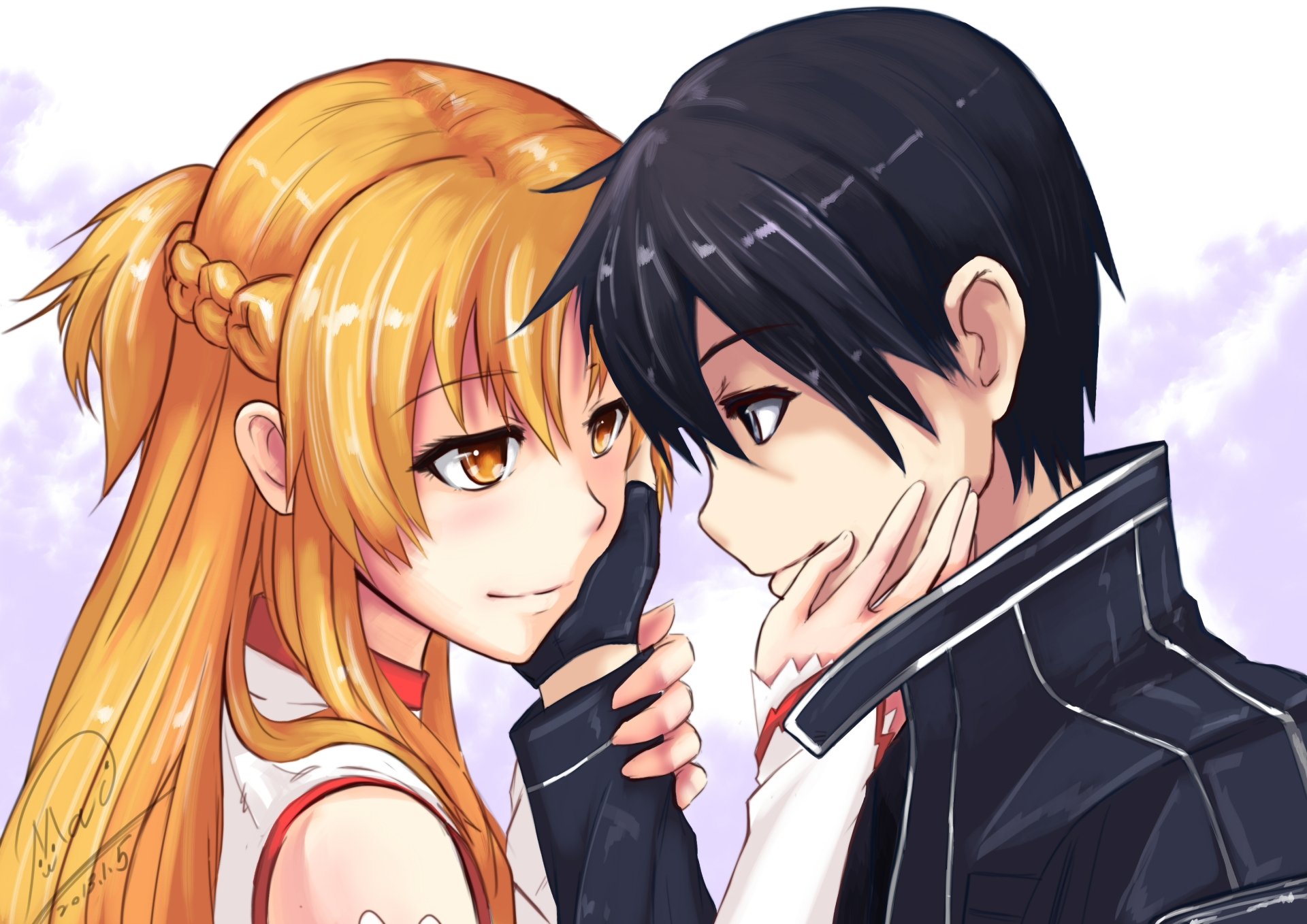 Anime-style HD PC desktop wallpaper depicting two Sword Art Online characters sharing an intimate and tender moment with soft, pastel background tones.