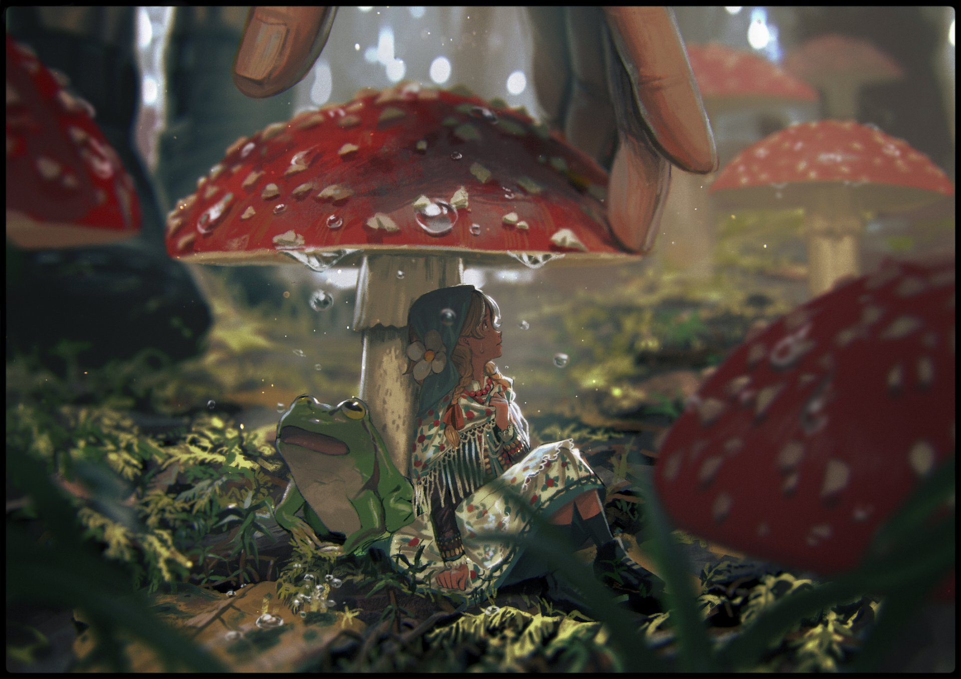 Anime-inspired HD wallpaper featuring a serene scene of a frog and a girl taking shelter from the rain under a large red mushroom. The setting is a lush, magical forest.