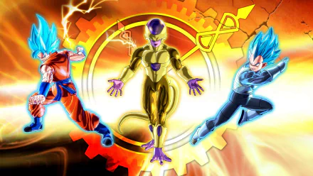 HD desktop wallpaper of Dragon Ball Z: Resurrection of F featuring the anime characters Goku, Frieza, and Vegeta in dynamic action poses on a vibrant, fiery background.