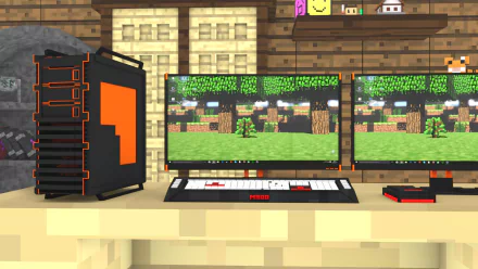 HD PC desktop wallpaper featuring a computer setup displaying Minecraft gameplay on dual monitors in a detailed, pixel-art style video game environment.