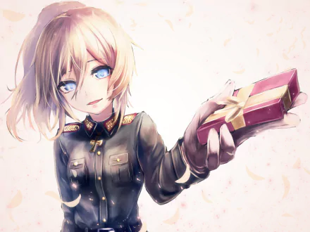 HD desktop wallpaper featuring Tanya Degurechaff from Youjo Senki, holding a gift for Valentine's Day. The anime character is in military attire with a soft background of falling petals.
