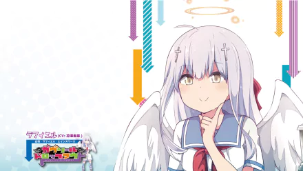 HD PC desktop wallpaper featuring Raphiel Shiraha Ainsworth from the anime Gabriel DropOut with colorful arrows and a white background.