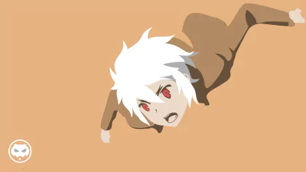 HD PC desktop wallpaper of Bell Cranel with white hair from the anime Is It Wrong to Try to Pick Up Girls in a Dungeon?, featuring dynamic action pose on a beige background.