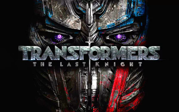 HD desktop wallpaper featuring a close-up of a Transformer from the movie Transformers: The Last Knight with intense purple eyes and metallic textures.