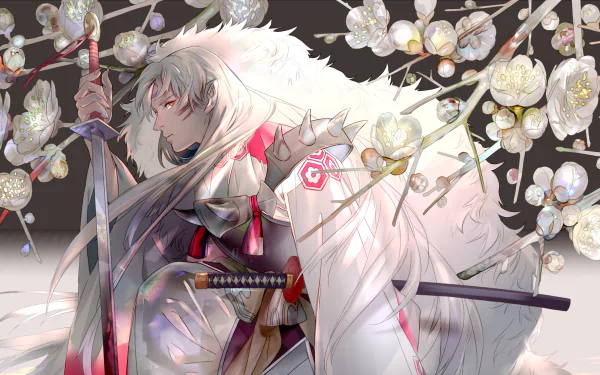 HD desktop wallpaper featuring Sesshōmaru from the anime InuYasha in a striking pose with floral background elements.