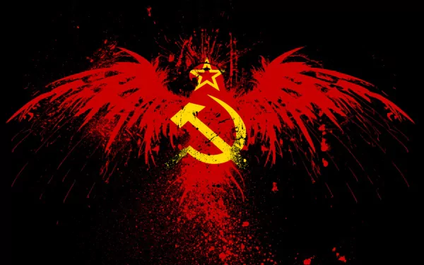 HD desktop wallpaper featuring a striking red and yellow depiction of the hammer and sickle emblem with wings, symbolizing communism against a dark background.