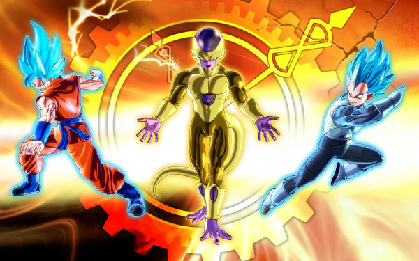 HD desktop wallpaper of Dragon Ball Z: Resurrection of F featuring the anime characters Goku, Frieza, and Vegeta in dynamic action poses on a vibrant, fiery background.