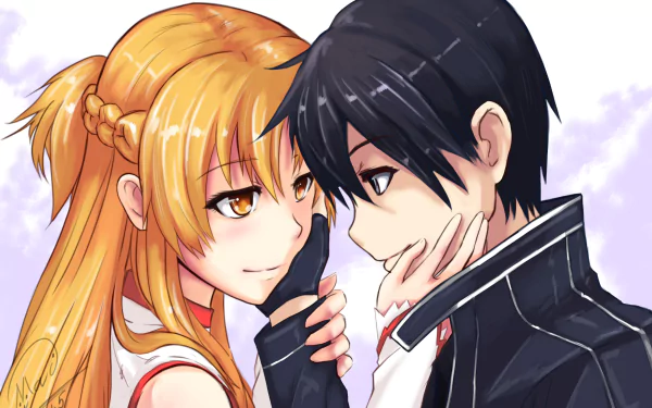 Anime-style HD PC desktop wallpaper depicting two Sword Art Online characters sharing an intimate and tender moment with soft, pastel background tones.