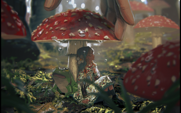 Anime Original Mushroom Rain Frog HD Wallpaper | Background Image