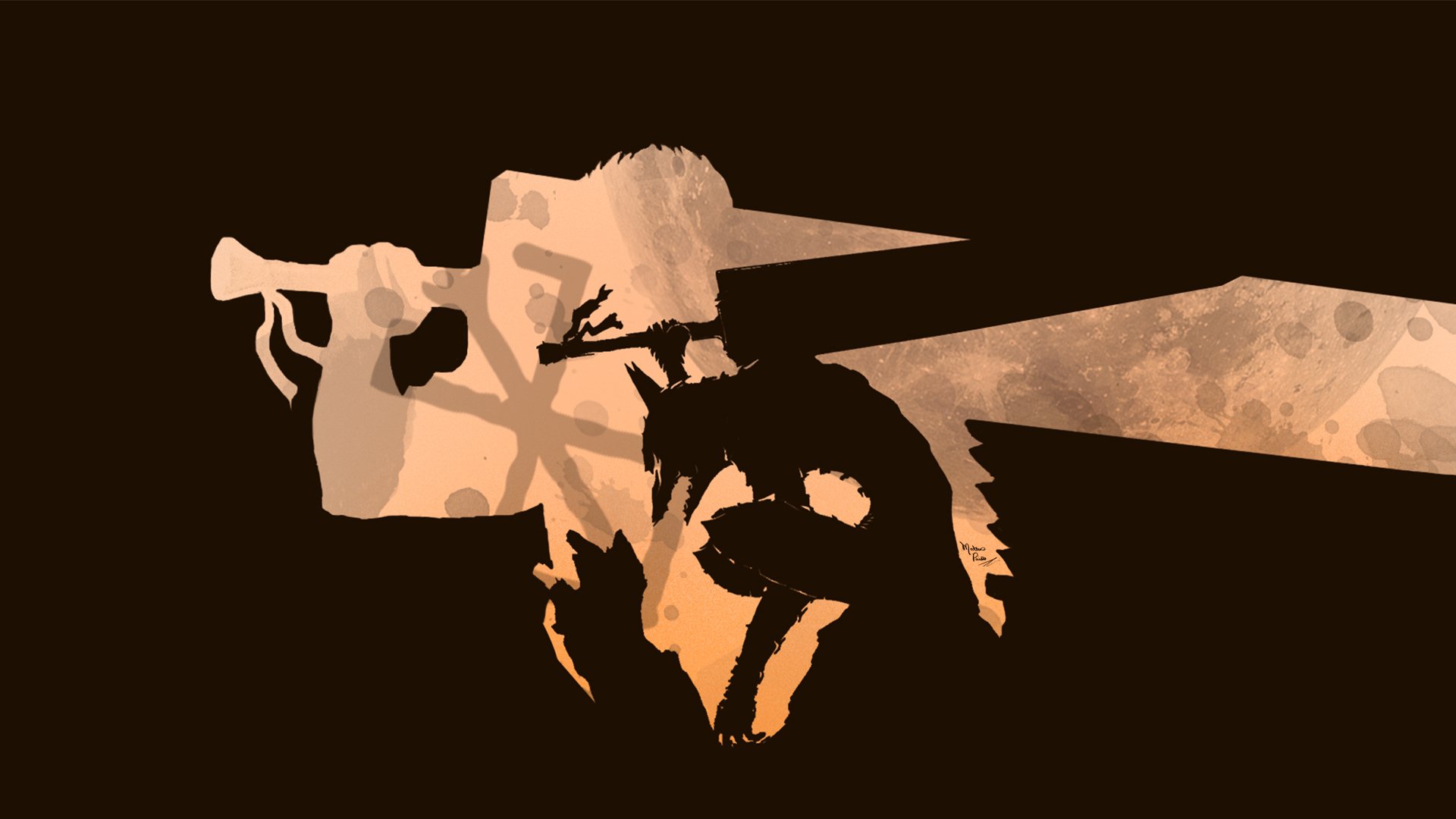 HD desktop wallpaper featuring a stylized, silhouette artwork from the anime Berserk, with bold, contrasting colors highlighting the iconic sword and character design.