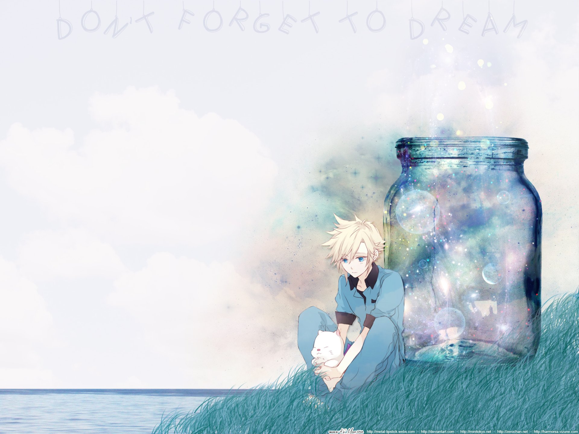 HD PC desktop wallpaper featuring Cloud Strife from the video game Final Fantasy VII sitting beside a glowing jar on a grassy hill under a soft sky.