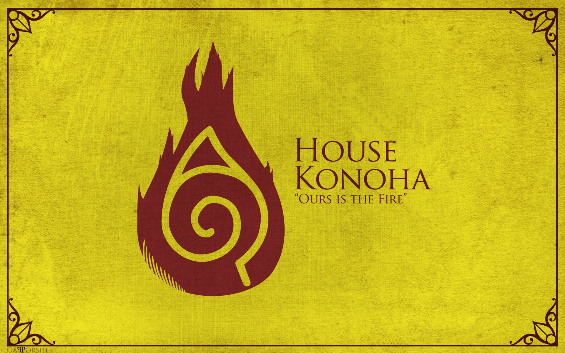 HD PC desktop wallpaper featuring the House Konoha emblem from the anime Naruto with the motto Ours is the Fire on a textured yellow background.