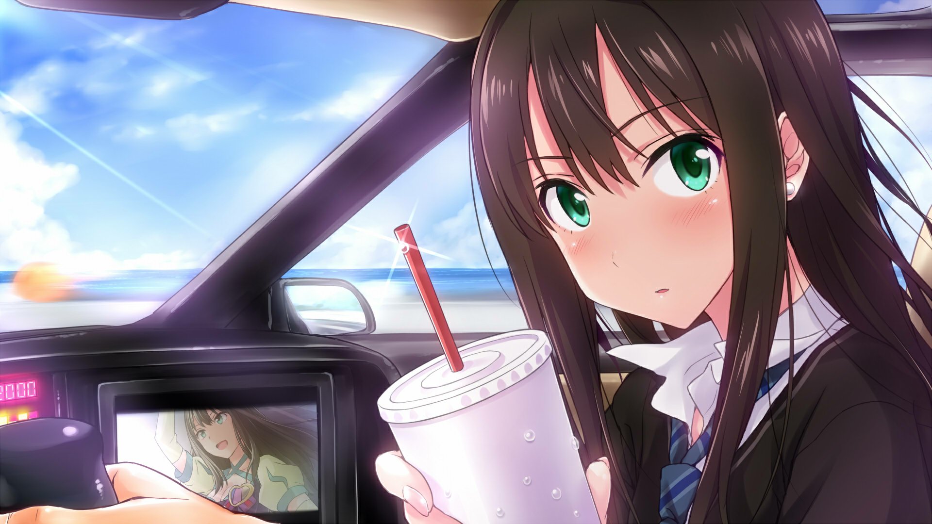 HD PC desktop wallpaper featuring Rin Shibuya from the anime The iDOLM@STER Cinderella Girls, holding a drink inside a car with a bright sky in the background.