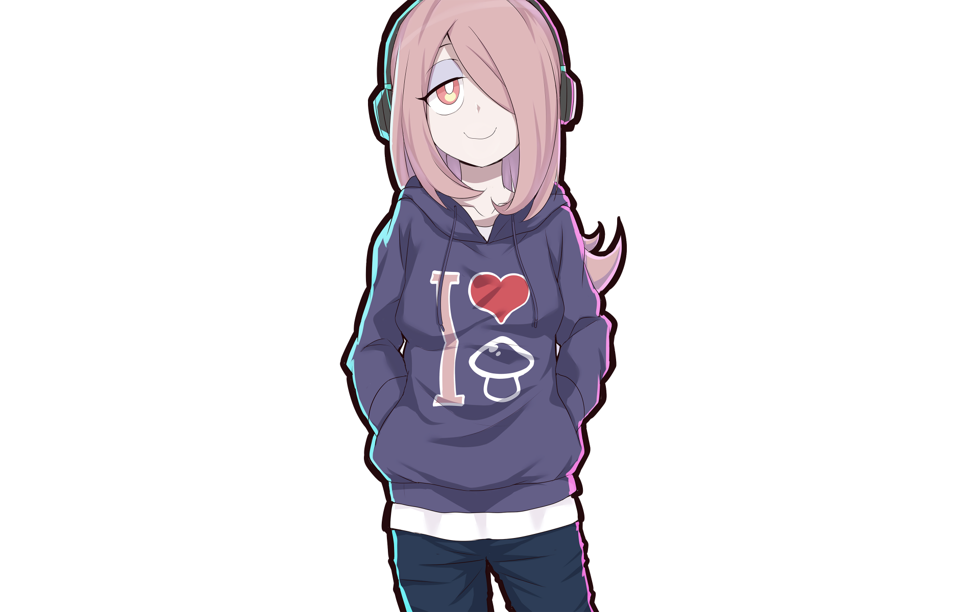 HD desktop wallpaper featuring Sucy Manbavaran from the anime Little Witch Academia, dressed in a blue hoodie and jeans, with her hands in her pockets, against a plain white background.
